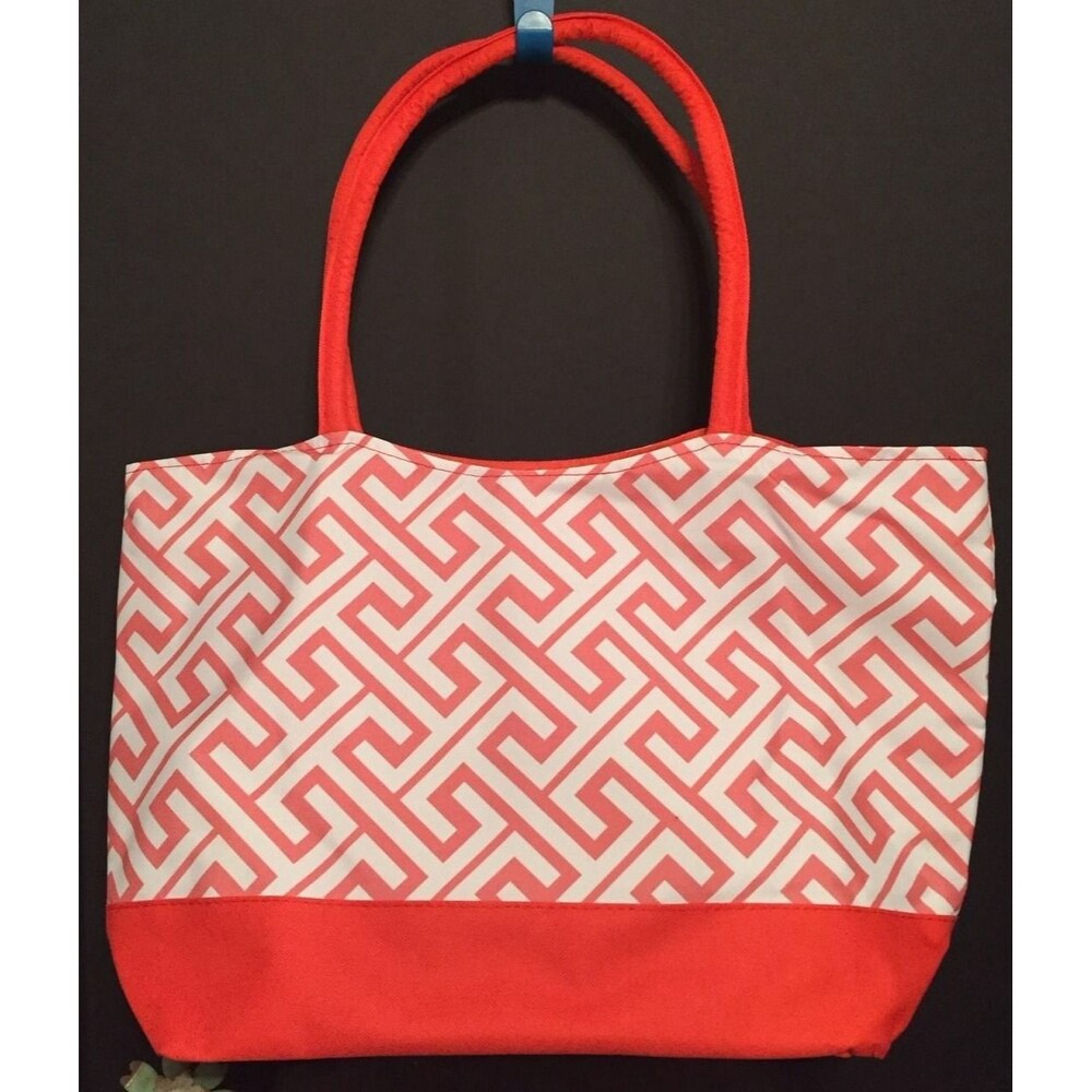 Coral And White Tote Beach Bag Wedding Shopping Travel Personalized Monogram